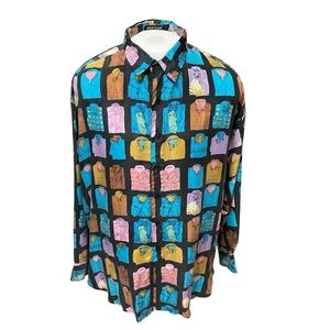 VTG SILK CLUB 100% Silk Button-Up Shirt XL Made in Korea Colorful Graphic Print
